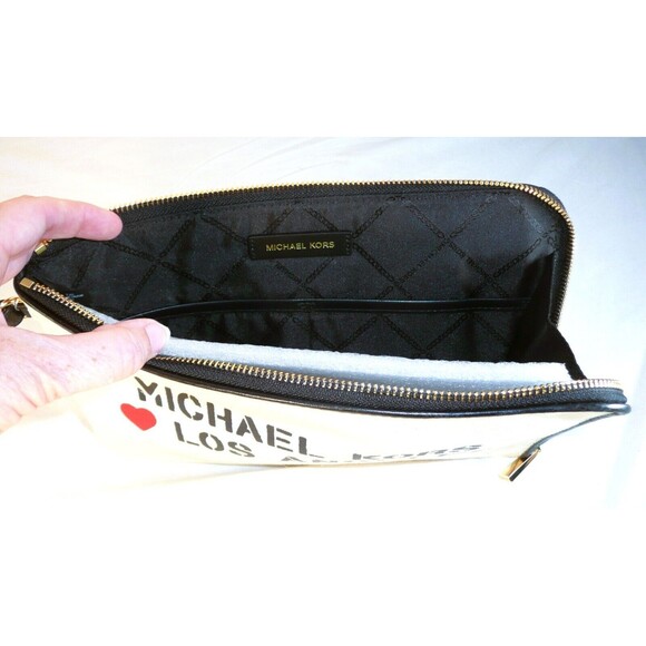 Michael Kors Pouch Love Los Angeles Natural Canvas Wristlet Purse Bag Clutch New - Picture 7 of 9